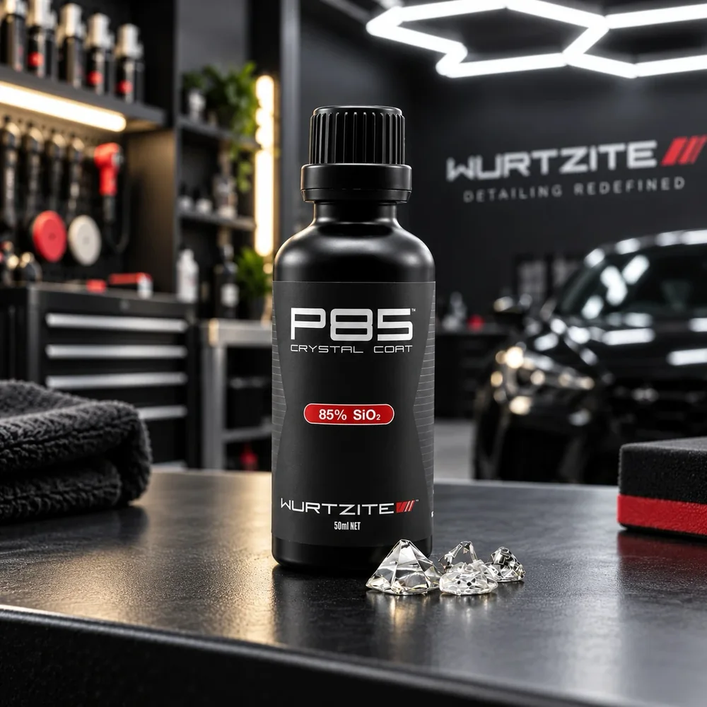 Wurtzite P85 Crystal Coat bottle on the bench, the coating Ceramicar is certified to apply in Adelaide